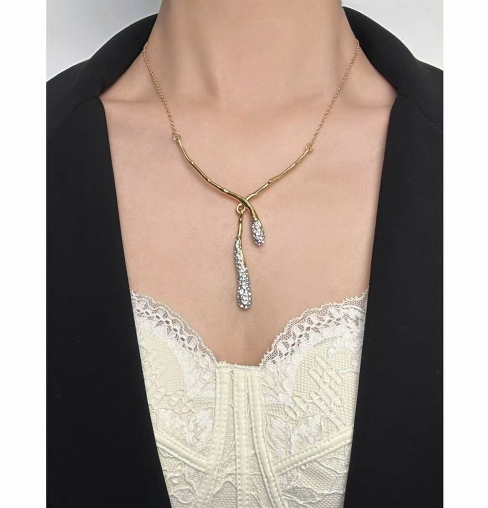 Alexis Bittar Gold Tone Sculptural Twig Branch Lariat Y‑Necklace Pave Crystal